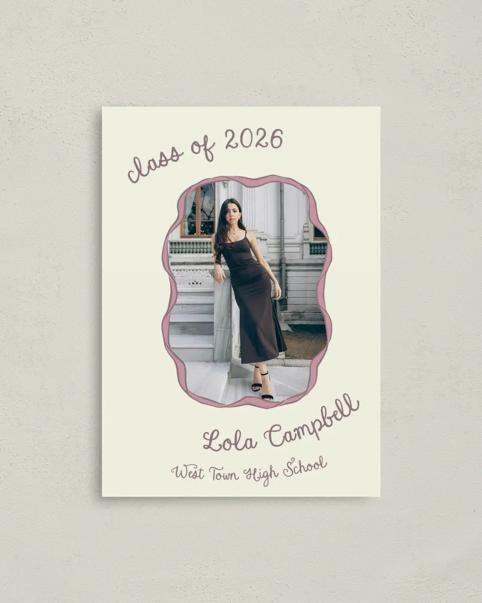 This is a 4" x 5.6" Graduation Announcement Postcard called Wrapped in Success printed in full color with Silver foil on Soft Touch Finish paper
