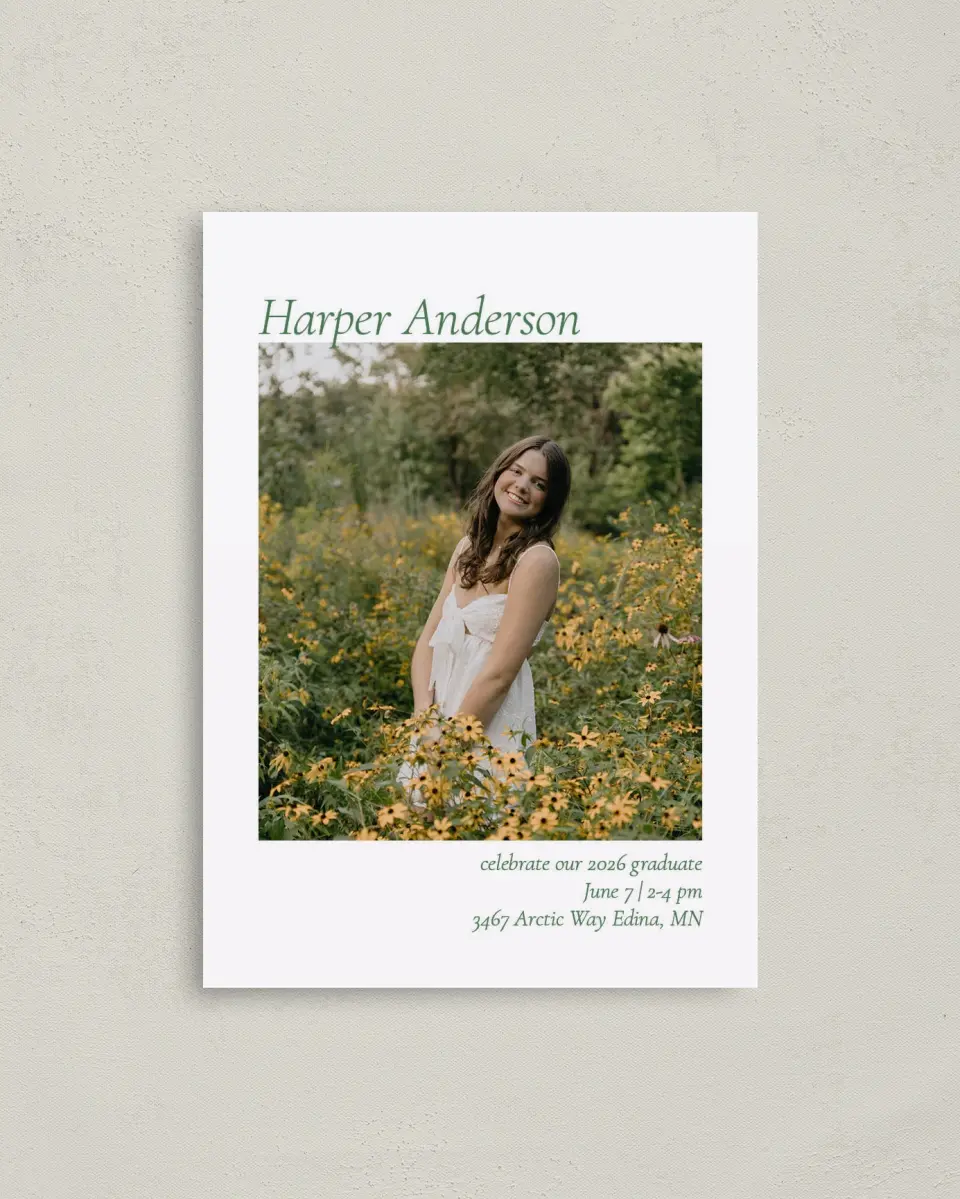 This is a 4" x 5.6" Graduation Announcement Postcard called Our Grad printed in full color on Soft Touch Finish paper
