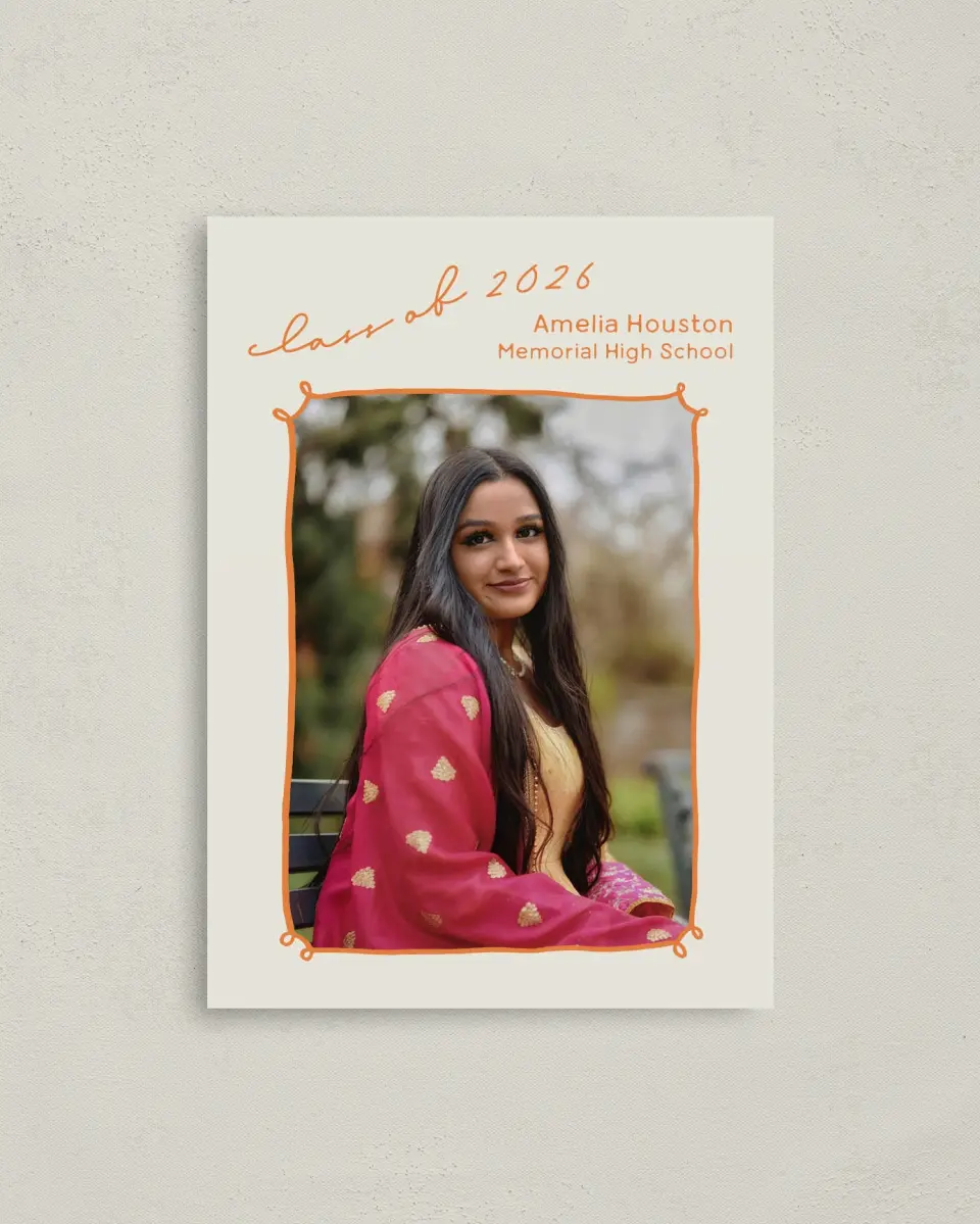 This is a 4" x 5.6" Graduation Announcement Postcard called Grand Grad printed in full color with Gold foil on Soft Touch Finish paper