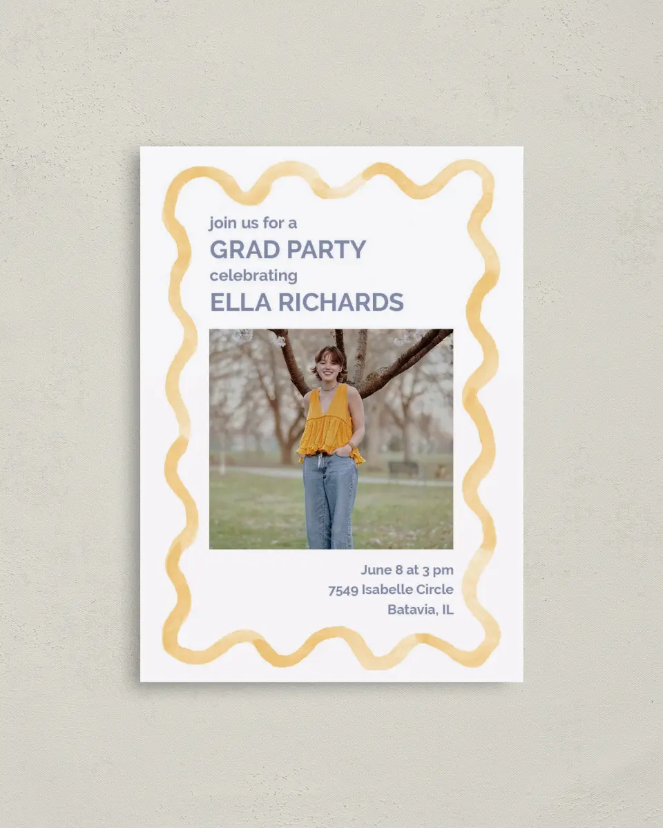 This is a 4" x 5.6" Graduation Announcement Postcard called Future is Bright printed in full color with Rose Gold foil on Soft Touch Finish paper