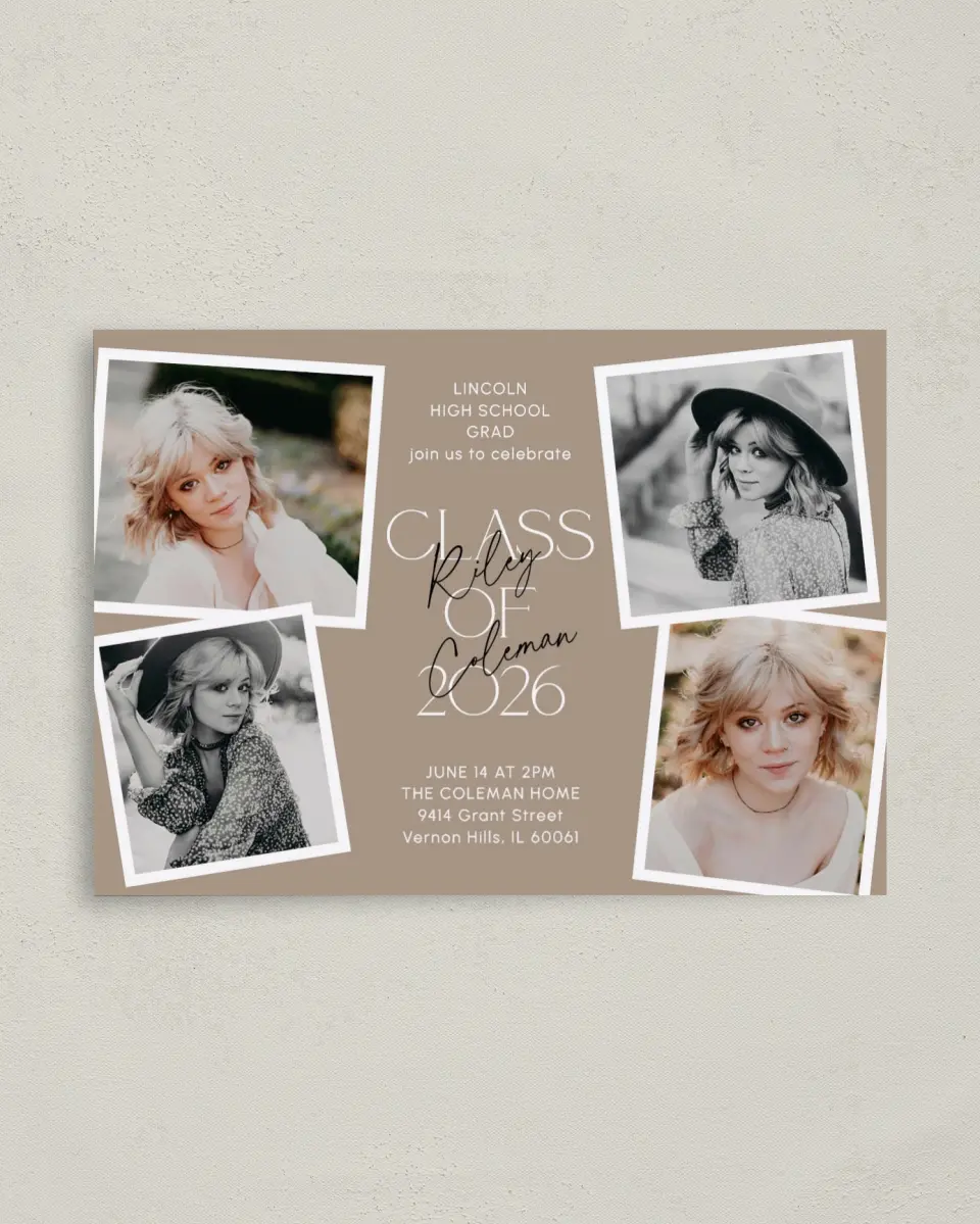 This is a 4" x 5.6" Graduation Announcement Postcard called Layered Snapshots printed in full color on Soft Touch Finish paper