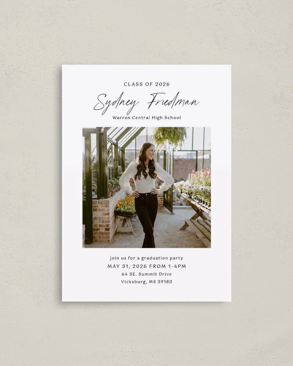 This is a 4" x 5.6" Graduation Announcement Postcard called Timeless Graduate printed in full color with Silver foil on Soft Touch Finish paper