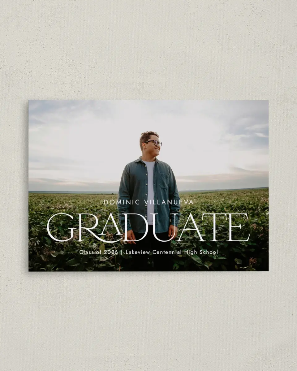 This is a 4" x 5.6" Graduation Announcement Postcard called Future Bound printed in full color on Soft Touch Finish paper