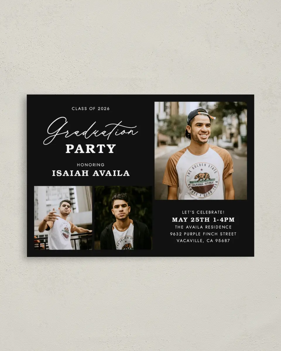 This is a 4" x 5.6" Graduation Announcement Postcard called Let's Celebrate printed in full color on Soft Touch Finish paper