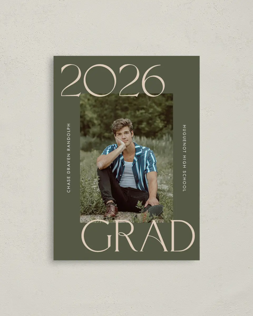 This is a 4" x 5.6" Graduation Announcement Postcard called Grand Year printed in full color on Soft Touch Finish paper