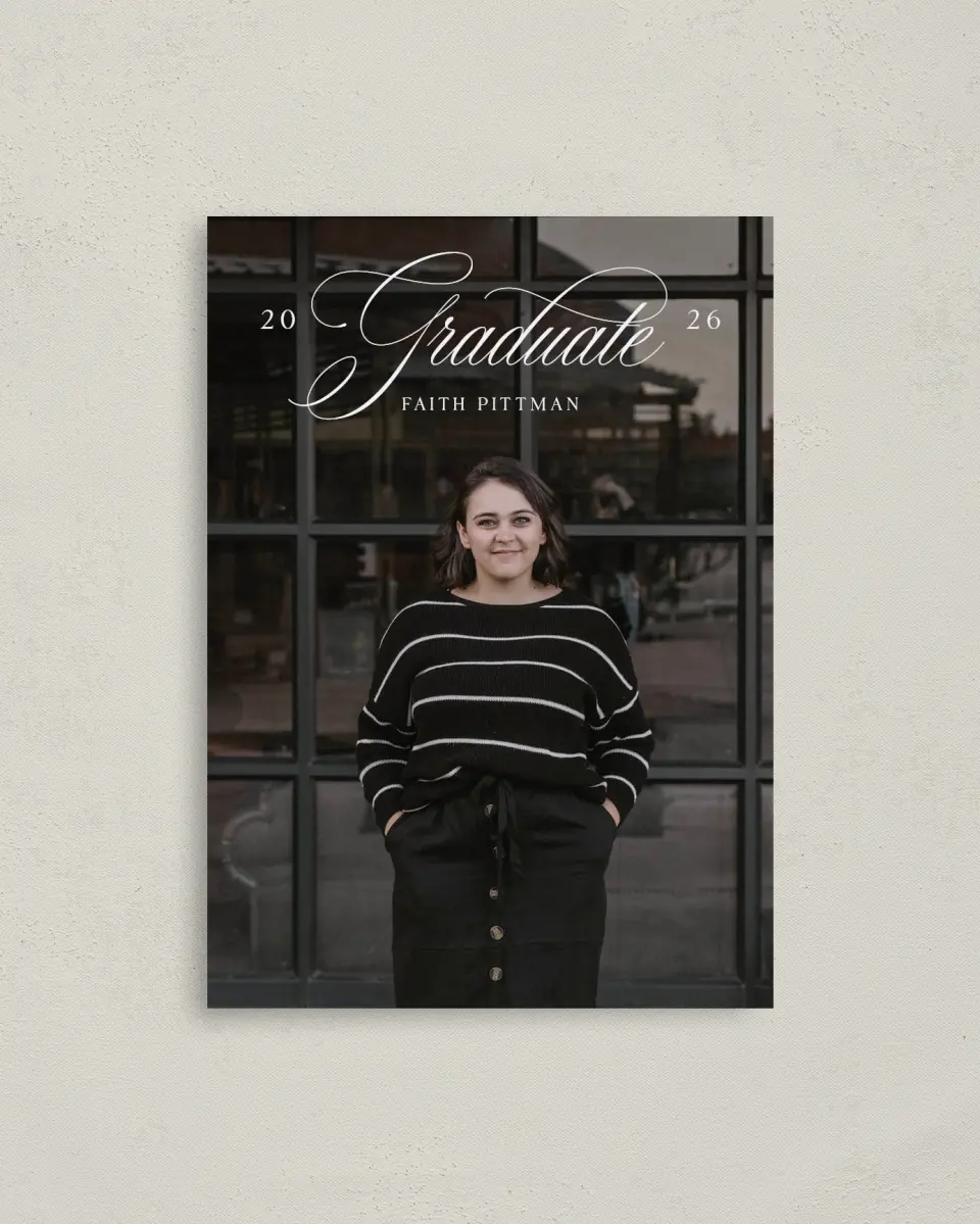 This is a 4" x 5.6" Graduation Announcement Postcard called Class Elegance printed in full color with Rose Gold foil on Soft Touch Finish paper