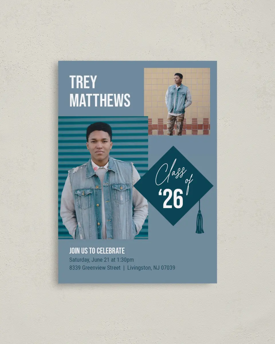 This is a 4" x 5.6" Graduation Announcement Postcard called Scholarly Style printed in full color with Silver foil on Soft Touch Finish paper