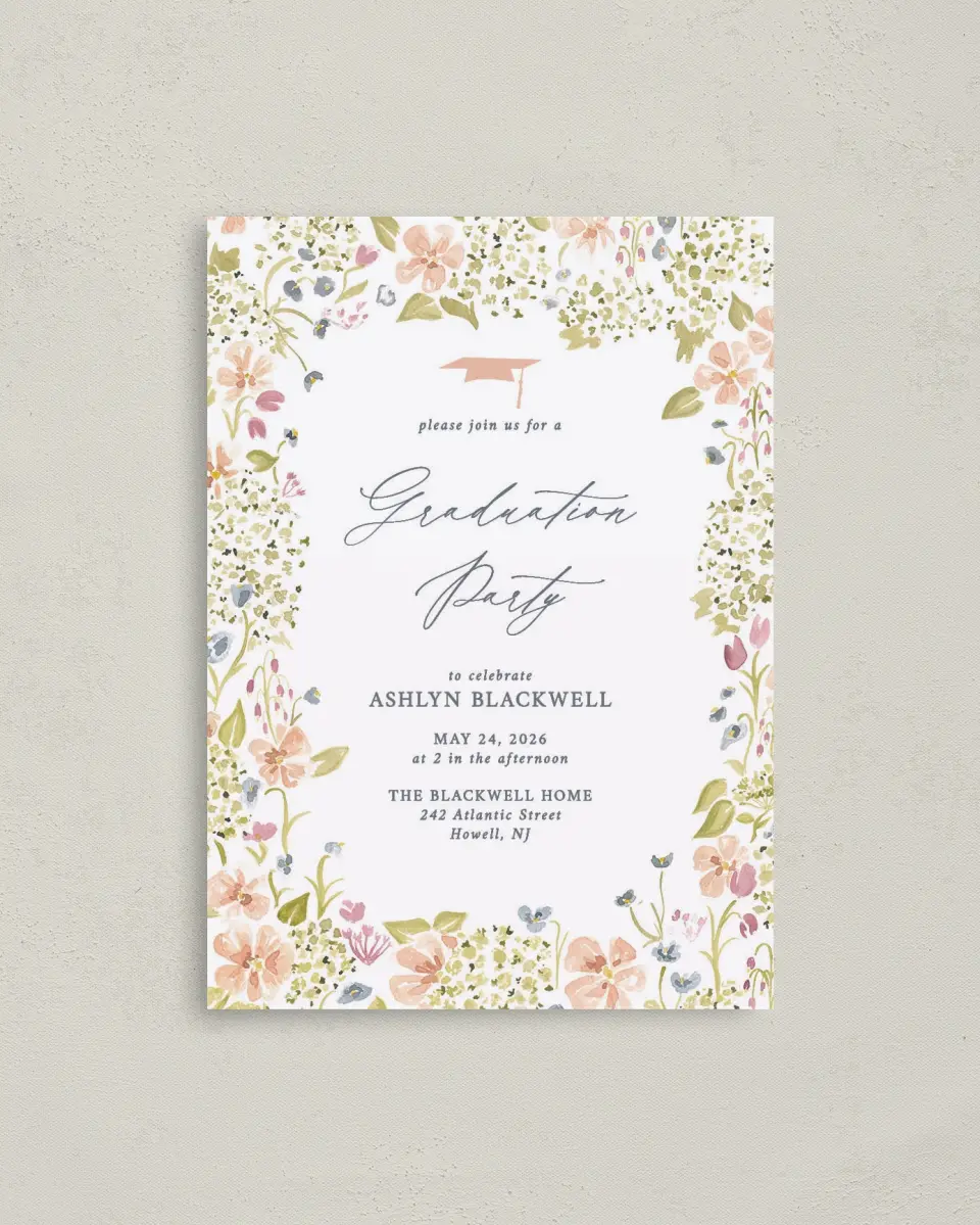 This is a 4" x 5.6" Graduation Announcement Postcard called Blooming Bright printed in full color with Gold foil on Soft Touch Finish paper