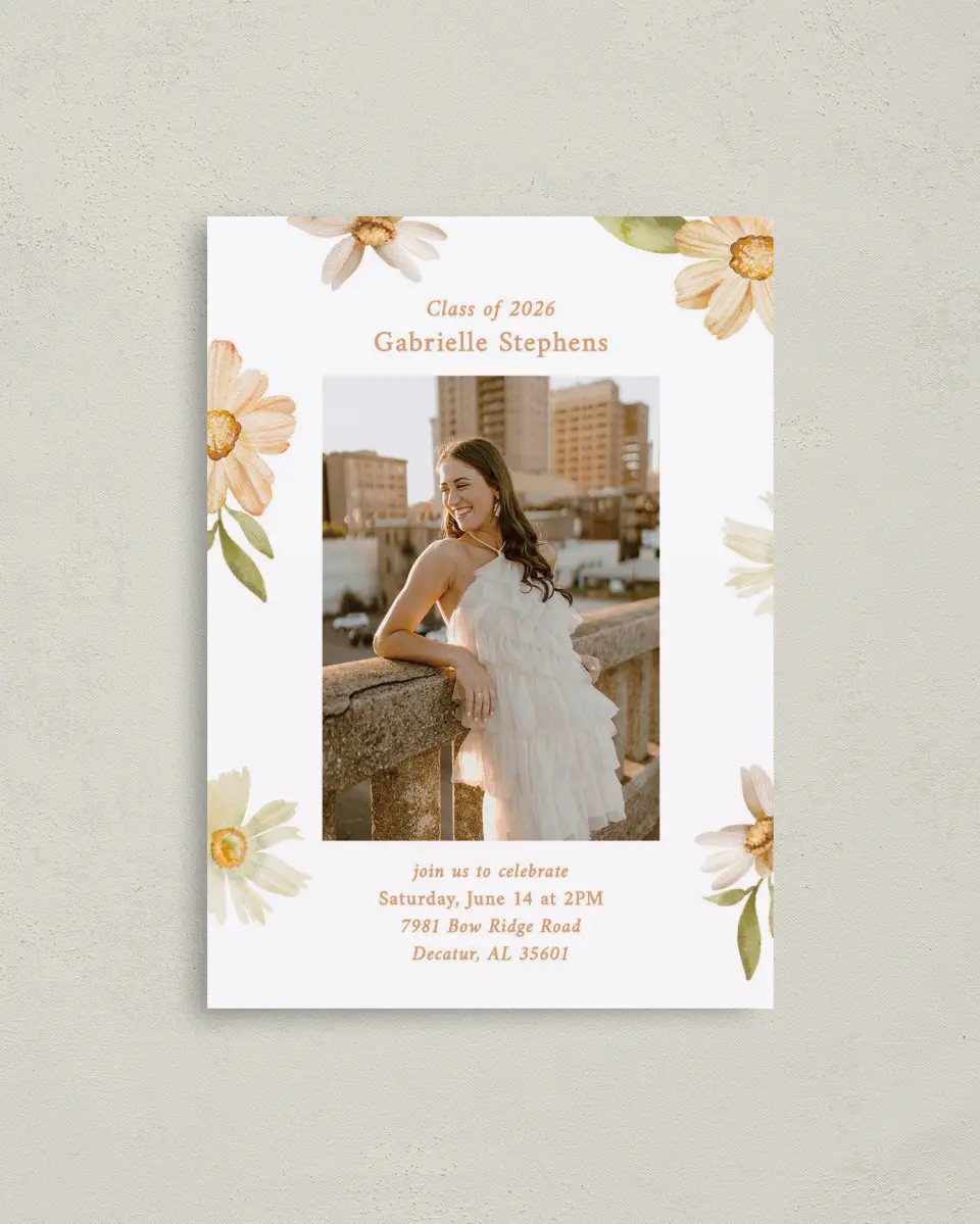 This is a 4" x 5.6" Graduation Announcement Postcard called Sunny Blooms printed in full color with Gold foil on Soft Touch Finish paper