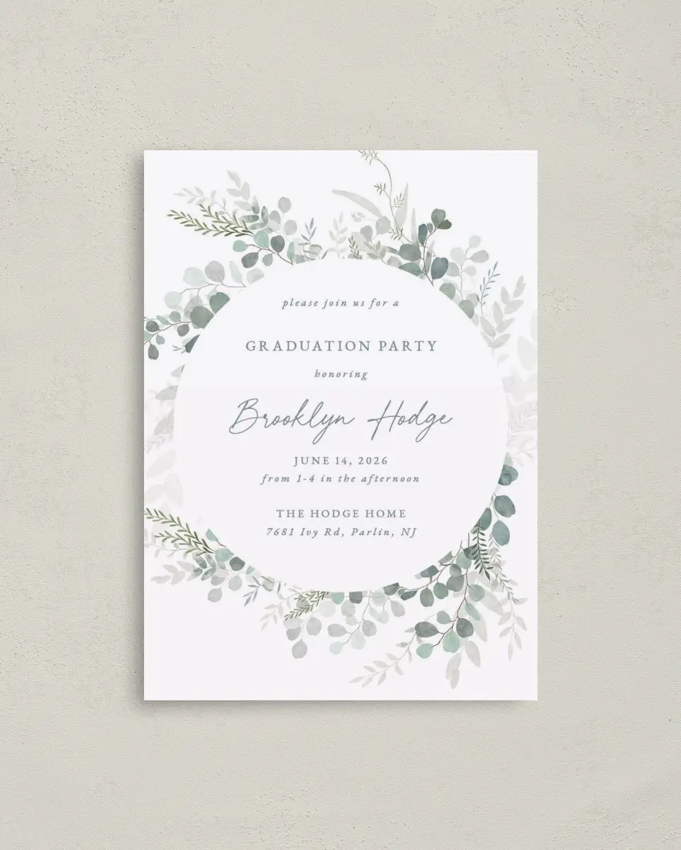 This is a 4" x 5.6" Graduation Announcement Postcard called Grad Greenery printed in full color with Gold foil on Soft Touch Finish paper