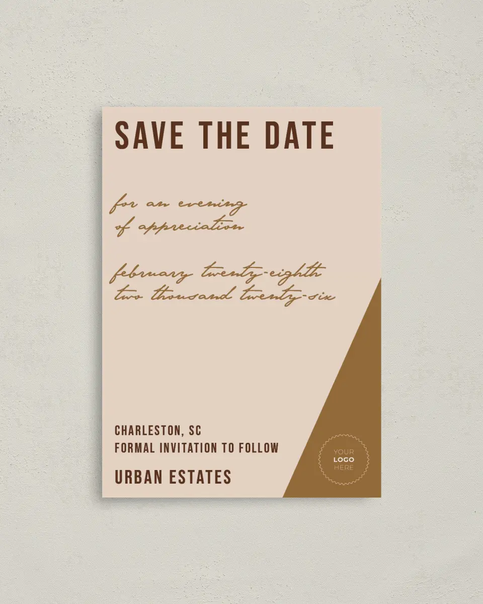 This is a 4" x 5.6" Gala Save the Date Postcard called Urban Essence printed in full color on Soft Touch Finish paper