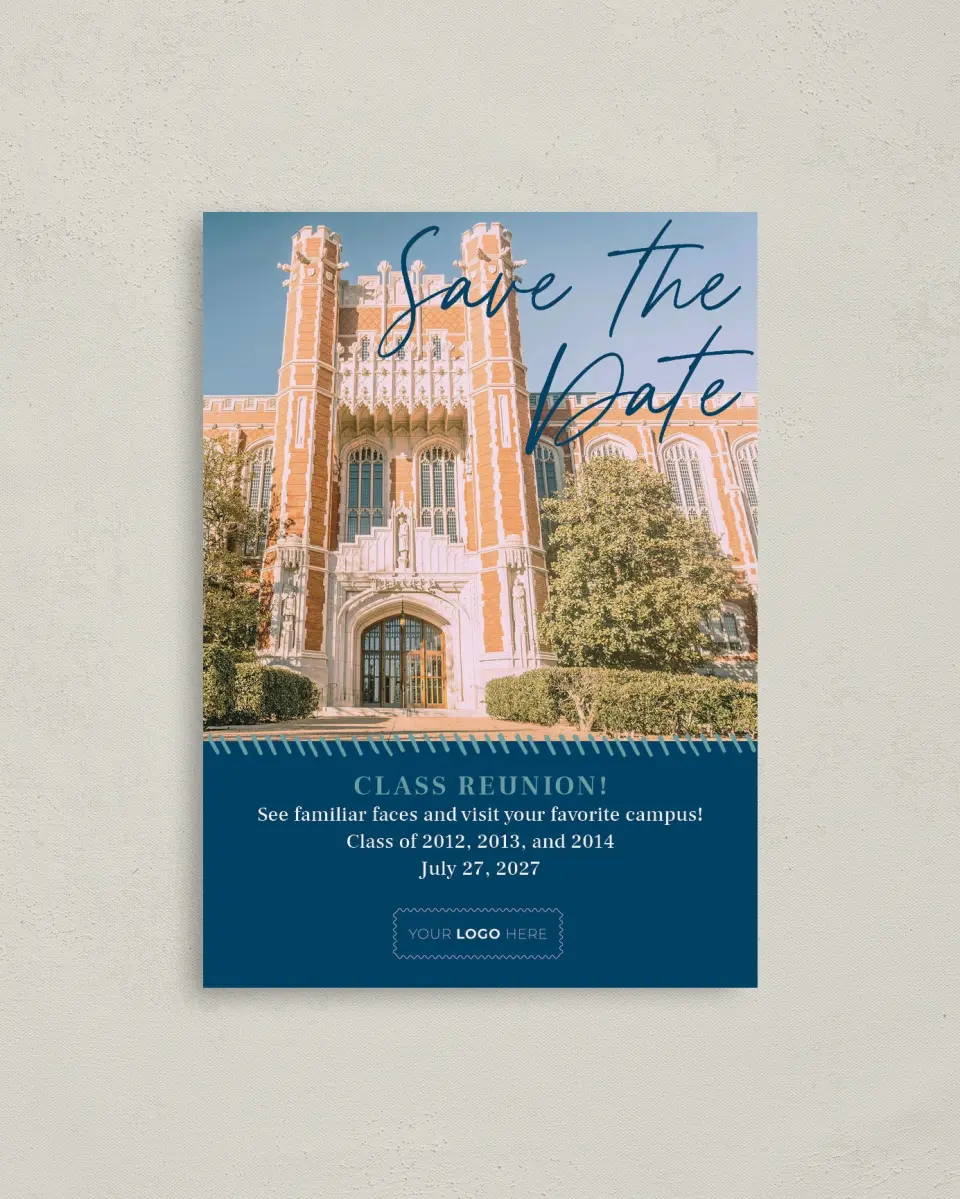 This is a 4" x 5.6" Gala Save the Date Postcard called Spirited Academics printed in full color on Soft Touch Finish paper