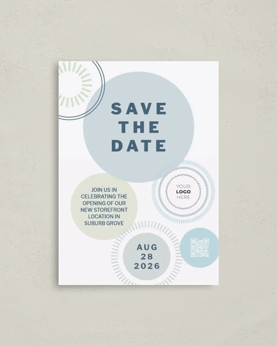 This is a 4" x 5.6" Gala Save the Date Postcard called Popular Spot printed in full color on Soft Touch Finish paper