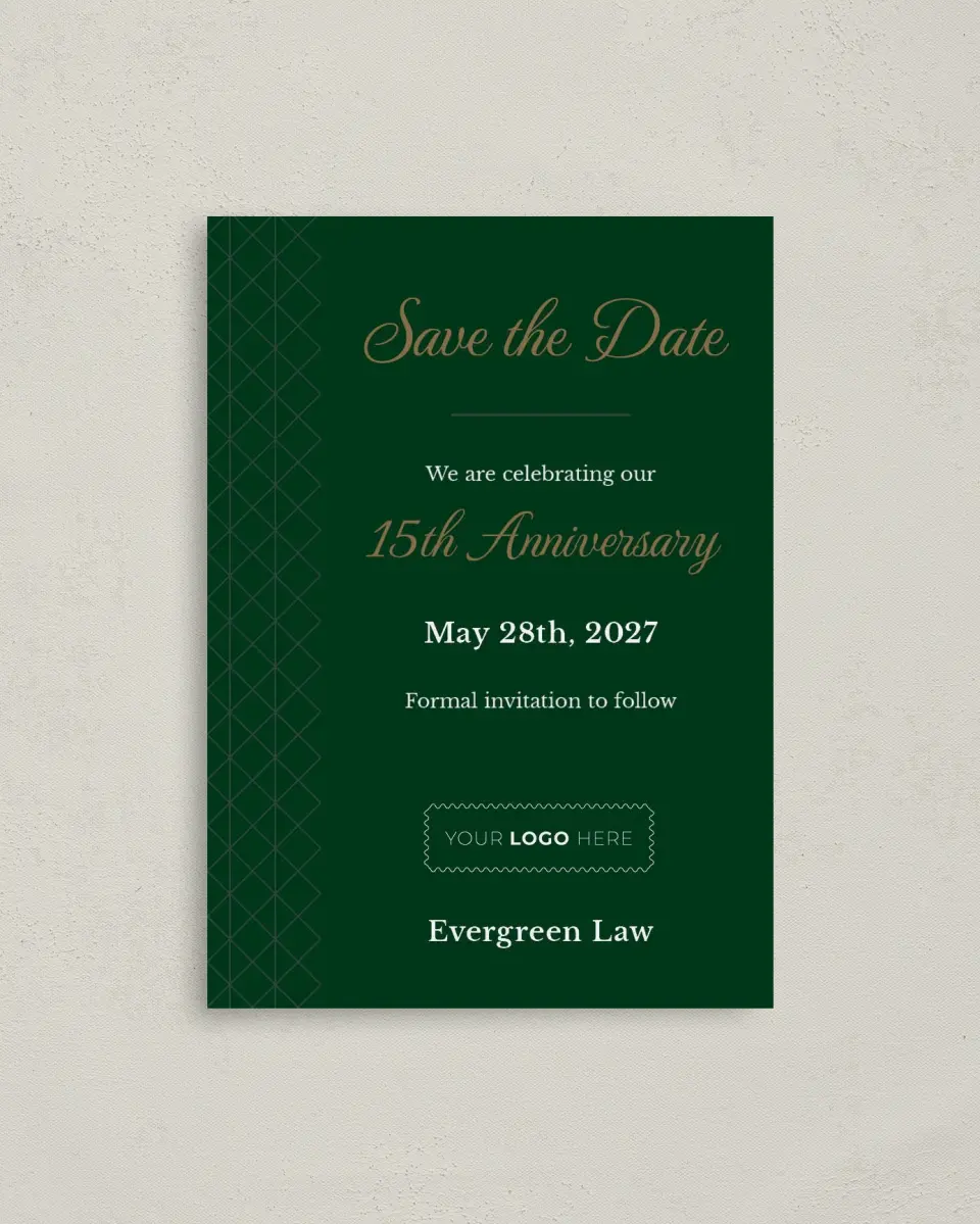 This is a 4" x 5.6" Gala Save the Date Postcard called Enduring Evergreen printed in full color on Soft Touch Finish paper