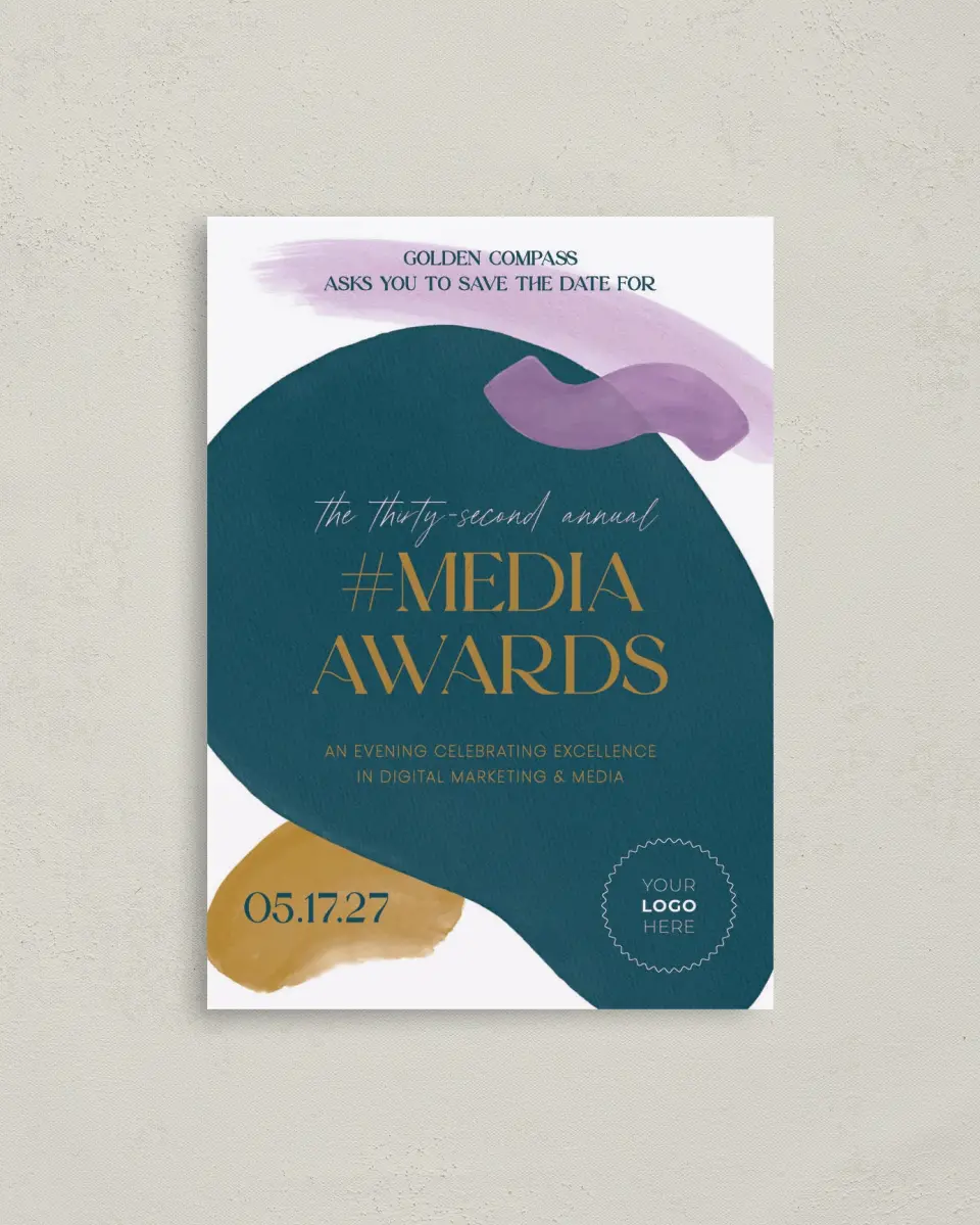 This is a 4" x 5.6" Gala Save the Date Postcard called Cordially Colorful printed in full color on Soft Touch Finish paper