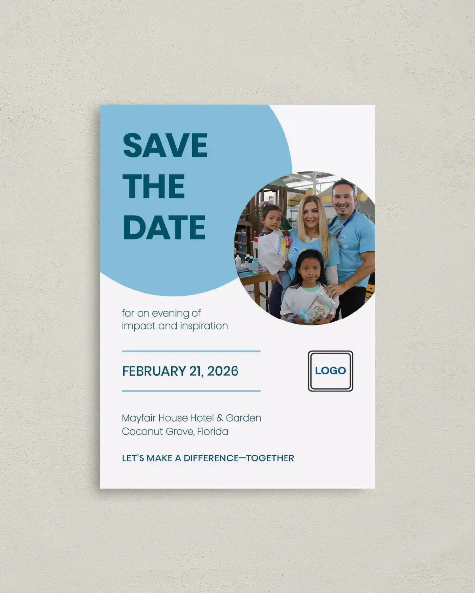 This is a 4" x 5.6" Gala Save the Date Postcard called Circular Focus printed in full color on Soft Touch Finish paper