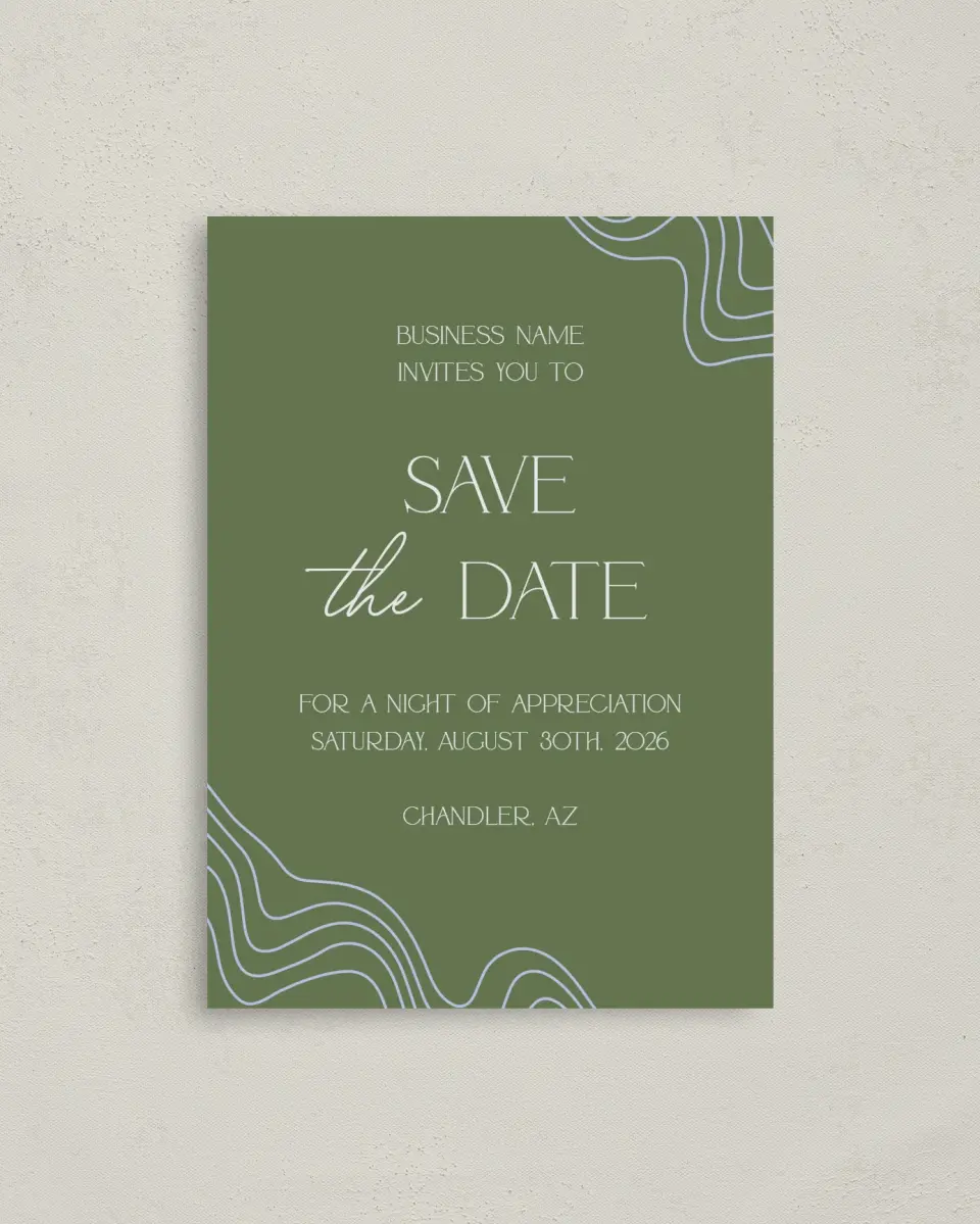 This is a 4" x 5.6" Gala Save the Date Postcard called Contoured Connection printed in full color on Soft Touch Finish paper