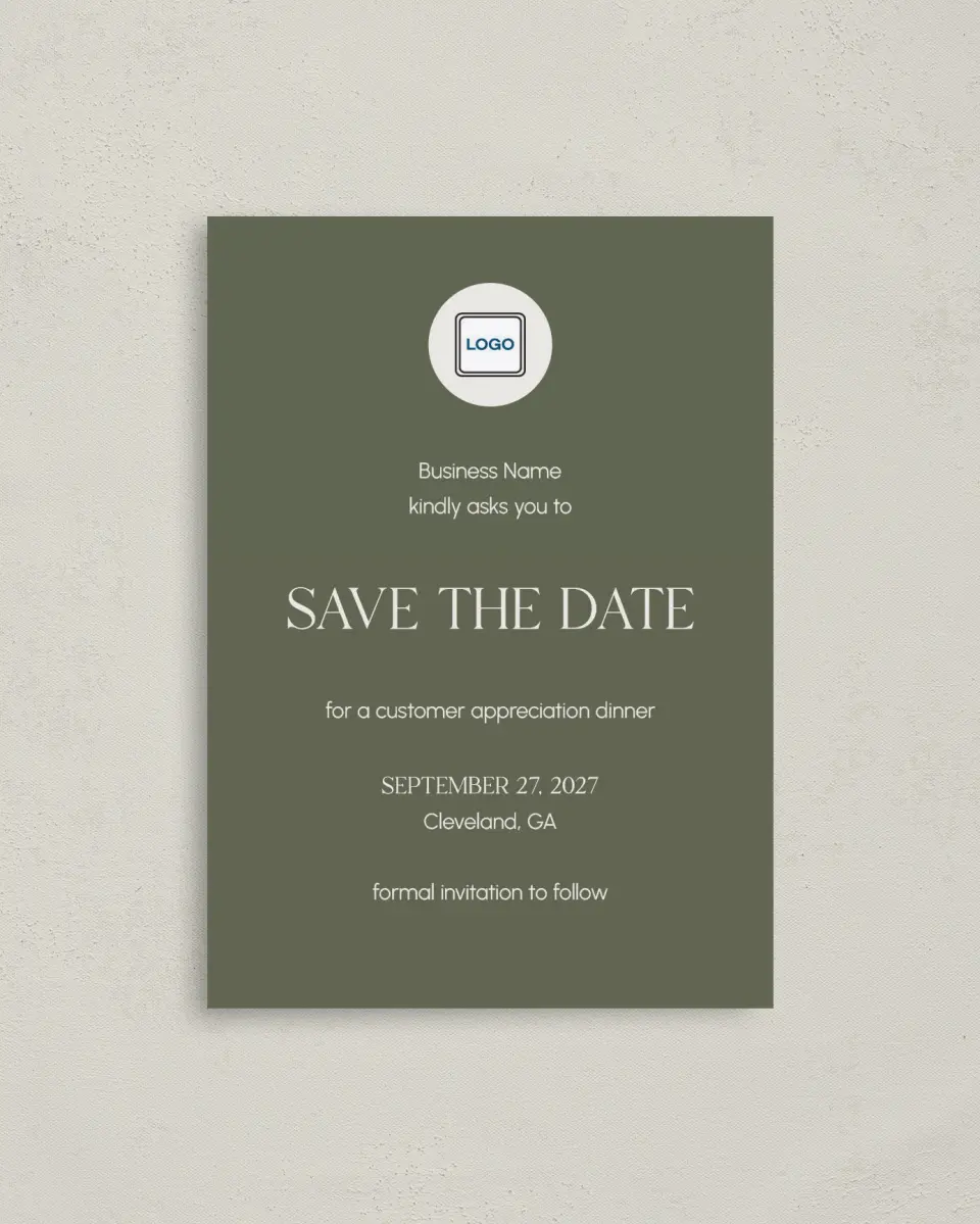 This is a 4" x 5.6" Gala Save the Date Postcard called Refined Approach printed in full color on Soft Touch Finish paper