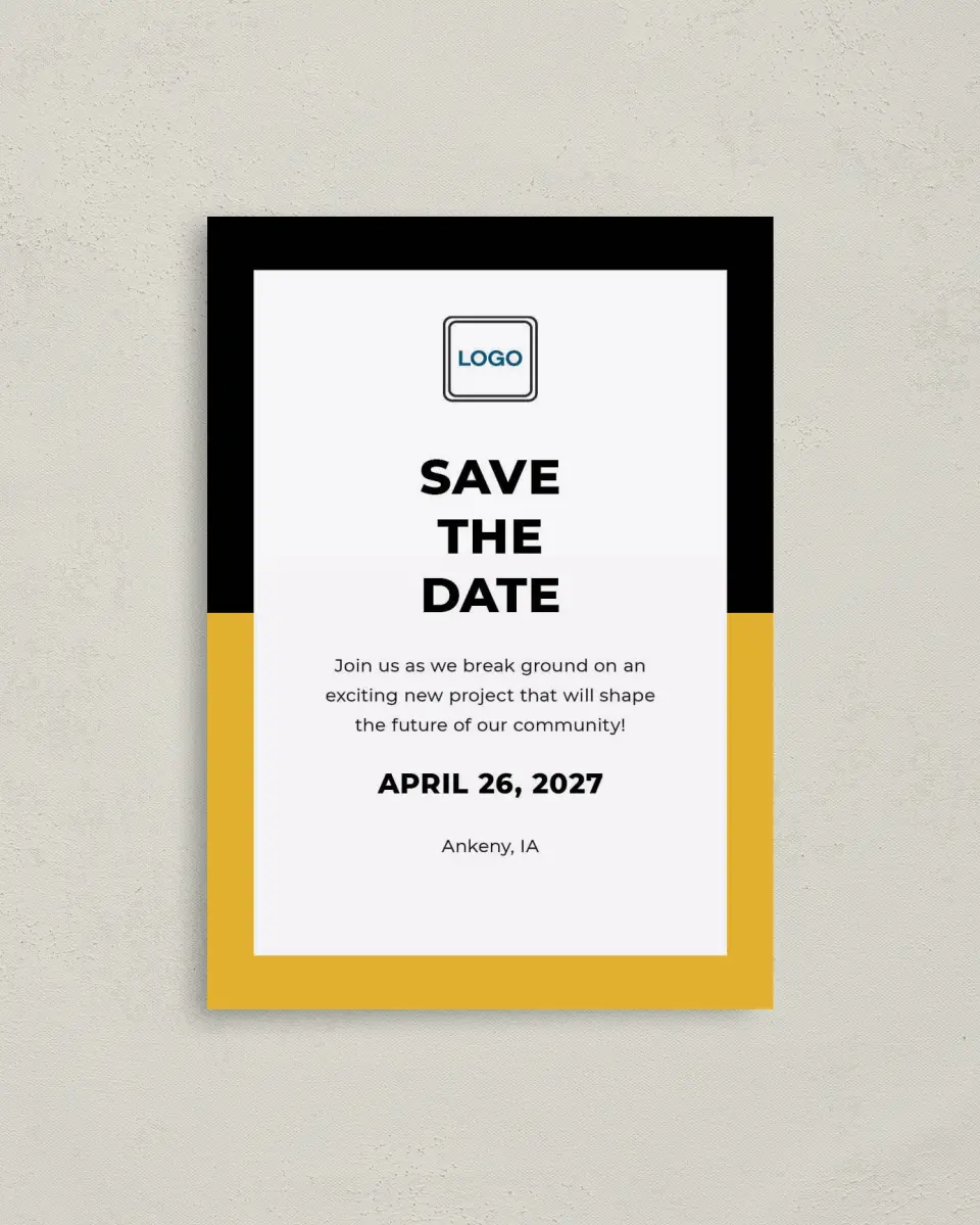 This is a 4" x 5.6" Gala Save the Date Postcard called Bold Framework printed in full color on Soft Touch Finish paper