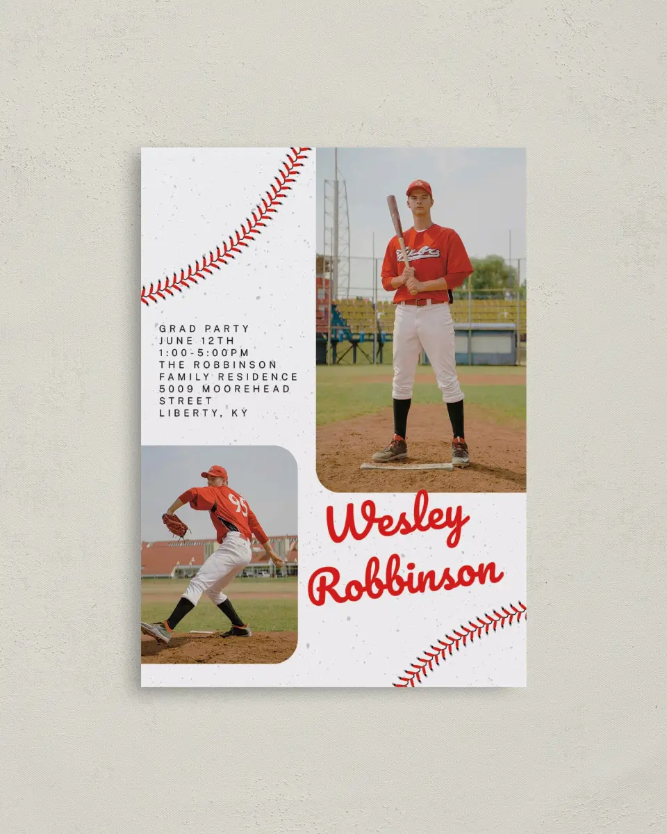 This is a 4" x 5.6" Graduation Announcement Postcard called Homerun Hero printed in full color with Gold foil on Soft Touch Finish paper