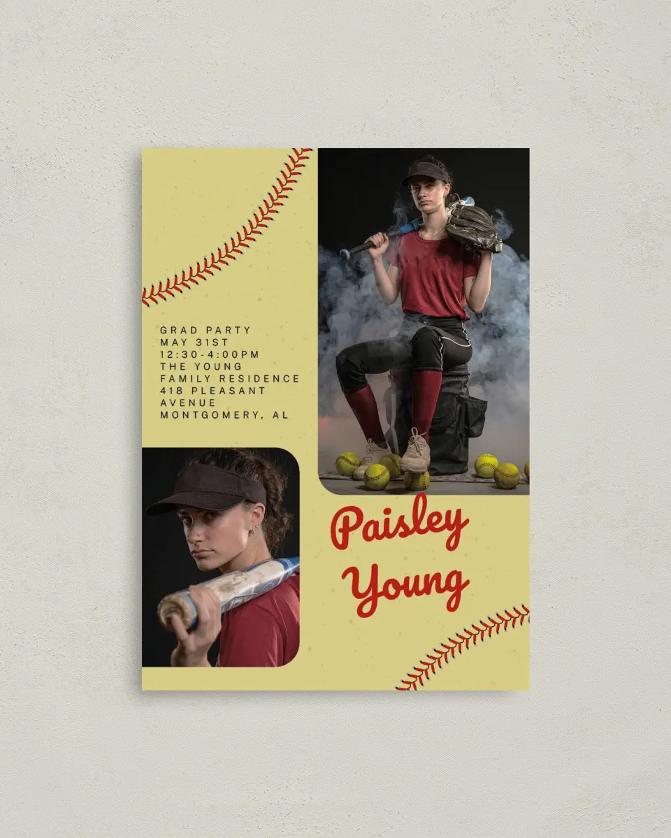 This is a 4" x 5.6" Graduation Announcement Postcard called Softball Slugger printed in full color with Silver foil on Soft Touch Finish paper