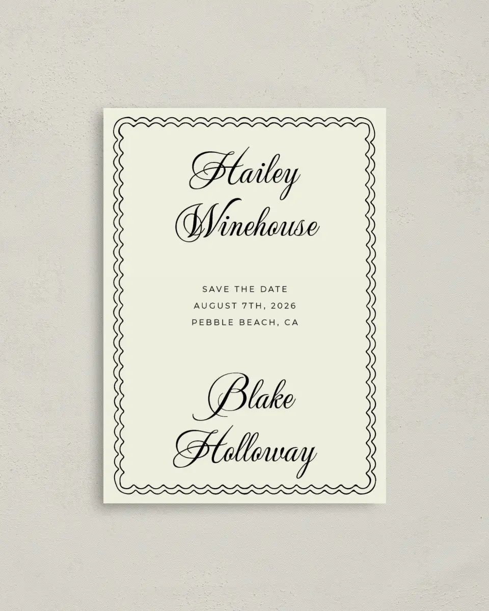 This is a 4" x 5.6" Save the Date Postcard called Grand Party printed in full color with Gold foil on Soft Touch Finish paper