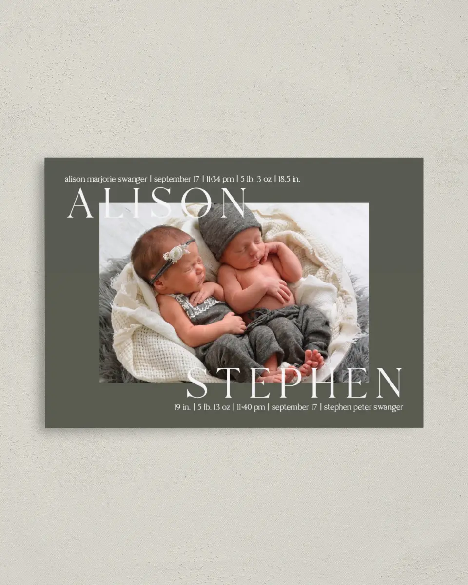 This is a 4" x 5.6" Birth Announcement Postcard called Sweet Twins printed in full color on Soft Touch Finish paper