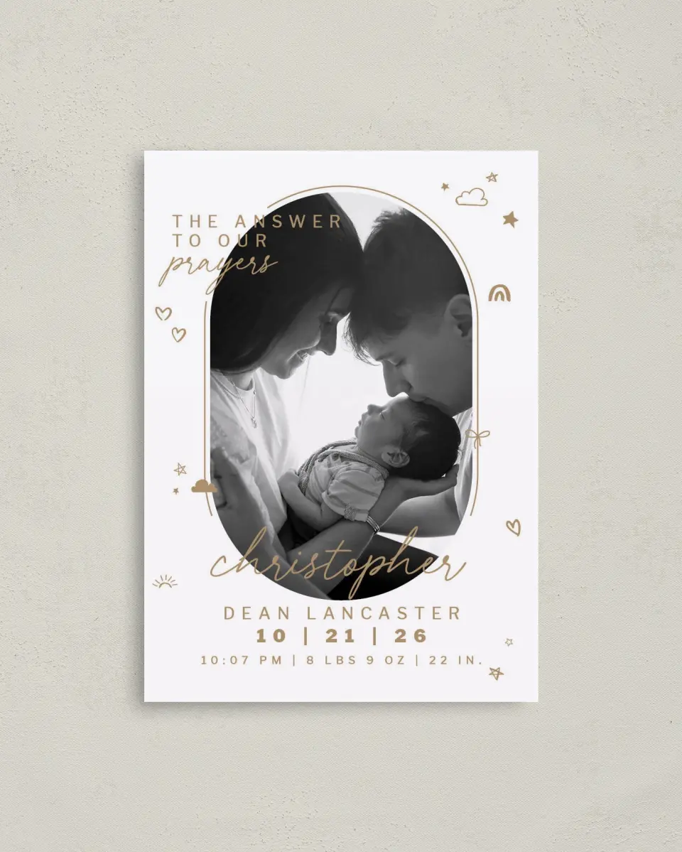 This is a 4" x 5.6" Birth Announcement Postcard called Answered Prayers printed in full color on Soft Touch Finish paper