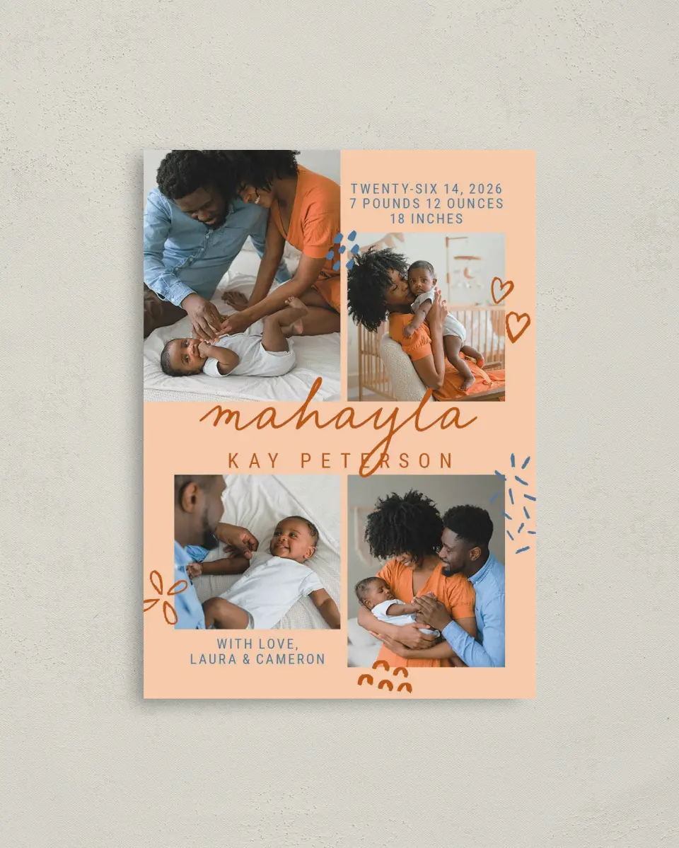 This is a 4" x 5.6" Birth Announcement Postcard called Cutesy Baby printed in full color on Soft Touch Finish paper