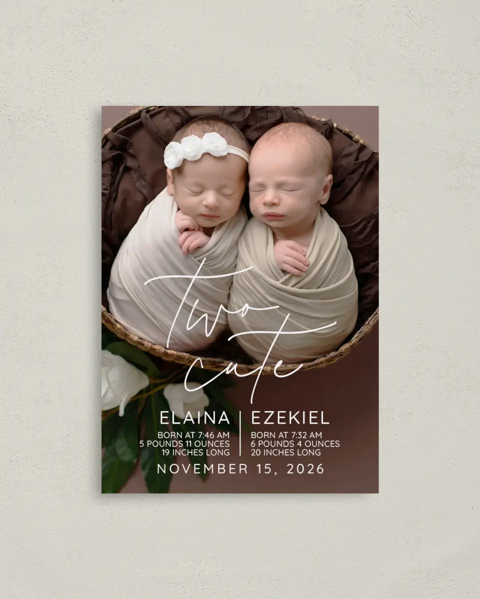 This is a 4" x 5.6" Birth Announcement Postcard called Two Cute printed in full color on Soft Touch Finish paper