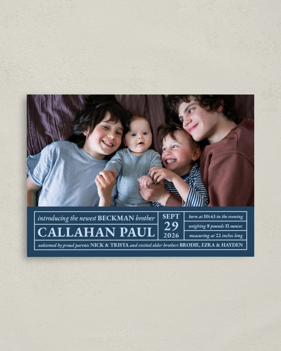 This is a 4" x 5.6" Birth Announcement Postcard called Welcome to the Family printed in full color on Soft Touch Finish paper