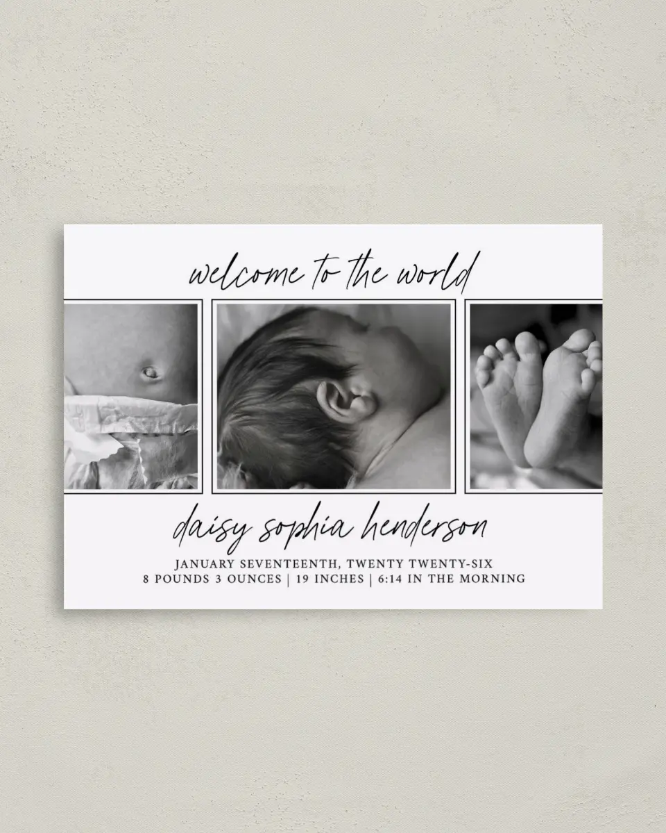 This is a 4" x 5.6" Birth Announcement Postcard called Delicate Little One printed in full color on Soft Touch Finish paper