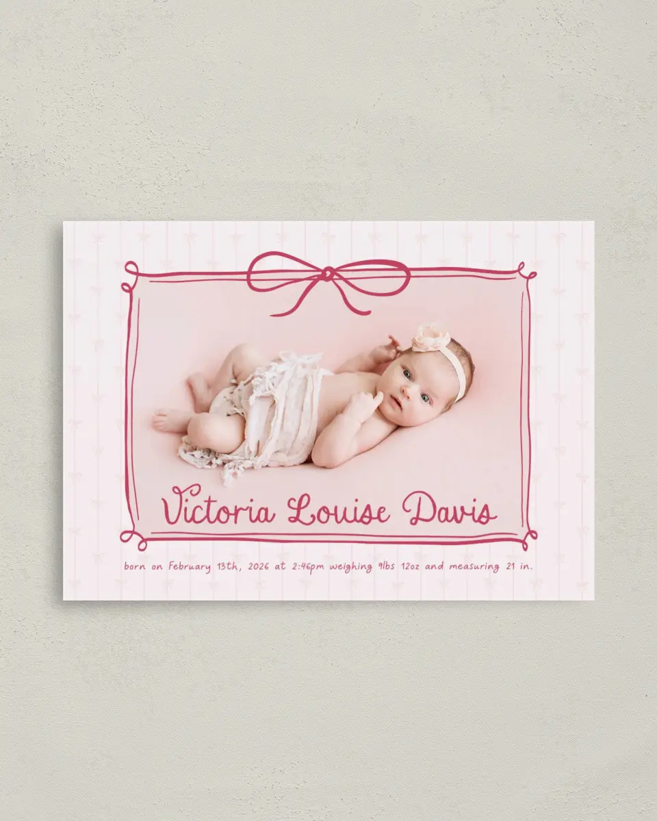 This is a 4" x 5.6" Birth Announcement Postcard called Blush Bows printed in full color on Soft Touch Finish paper