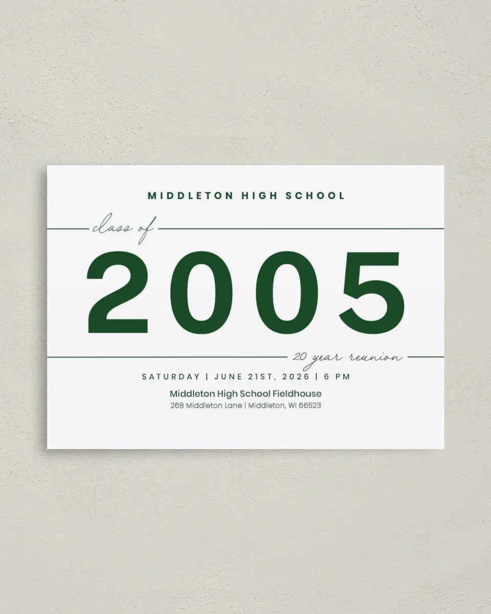 This is a 4" x 5.6" Class Reunion called Graceful Lines printed in full color on Soft Touch Finish paper