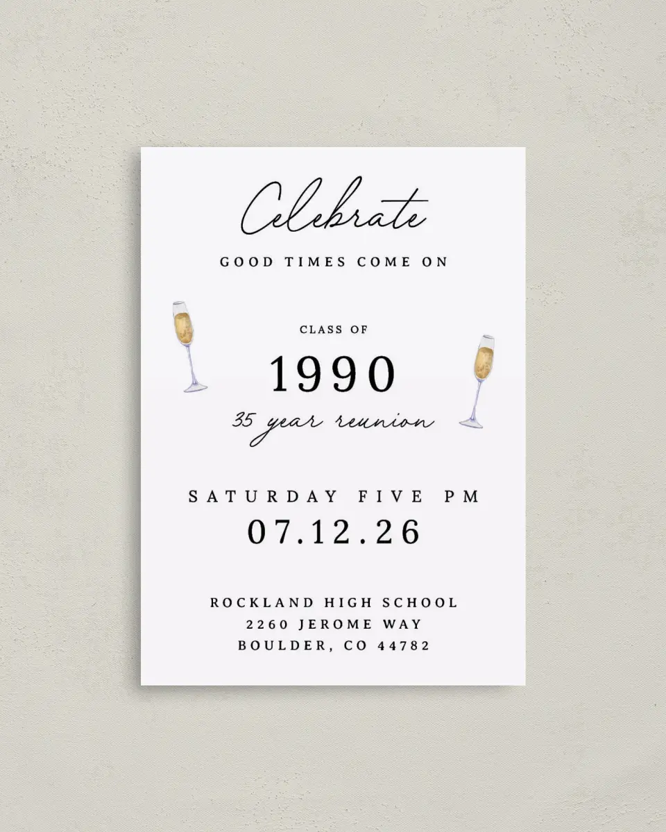 This is a 4" x 5.6" Class Reunion called Clink Clink printed in full color on Soft Touch Finish paper