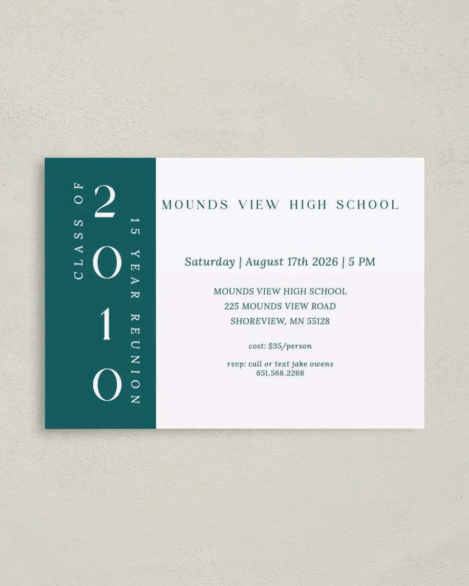 This is a 4" x 5.6" Class Reunion called Color Block printed in full color on Soft Touch Finish paper