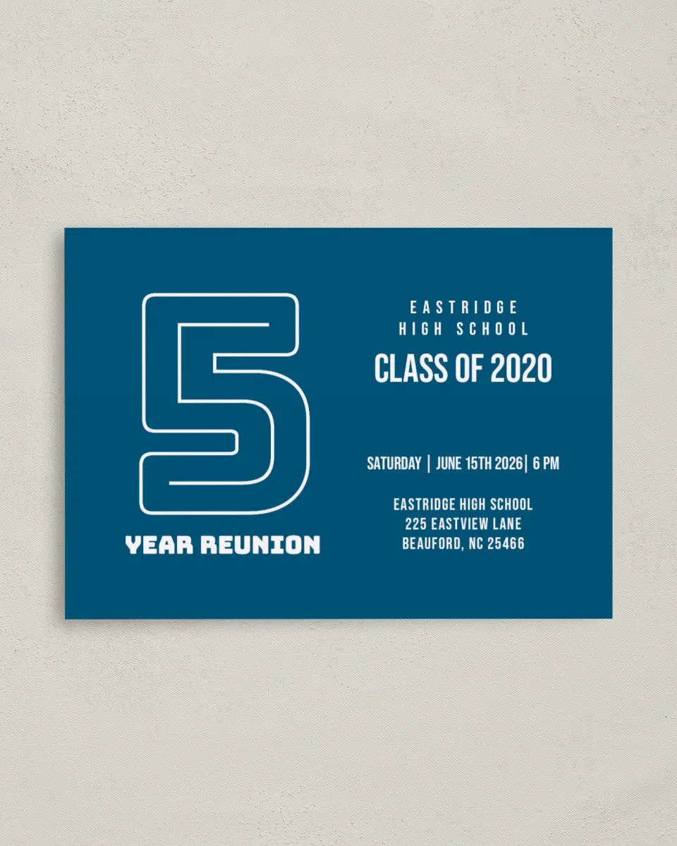 This is a 4" x 5.6" Class Reunion called Year and Cheer printed in full color on Soft Touch Finish paper