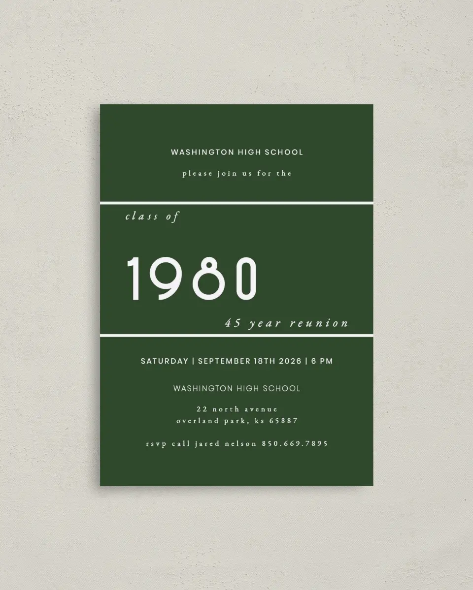 This is a 4" x 5.6" Class Reunion called Modern Digits printed in full color on Soft Touch Finish paper