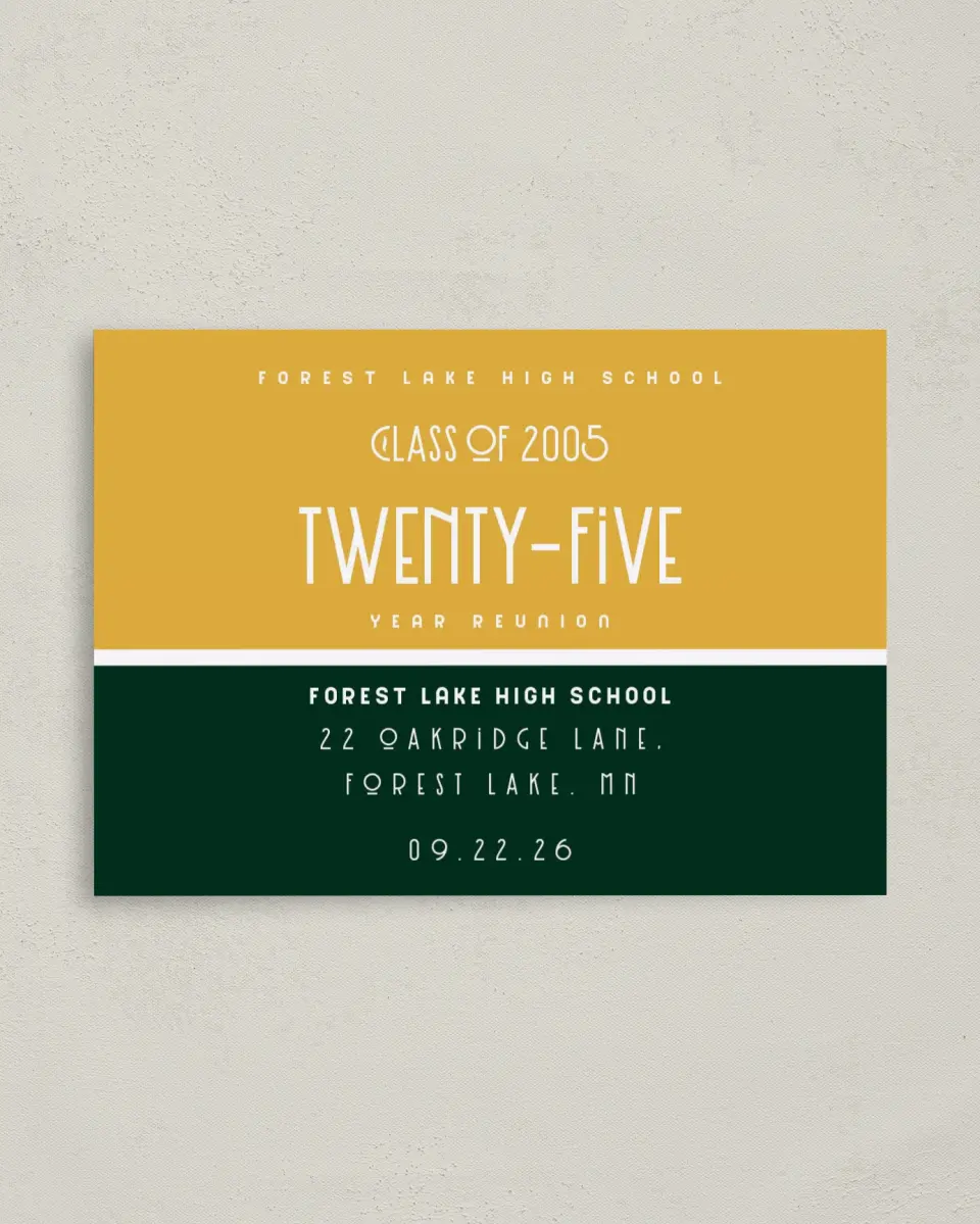 This is a 4" x 5.6" Class Reunion called Class Comradery printed in full color on Soft Touch Finish paper