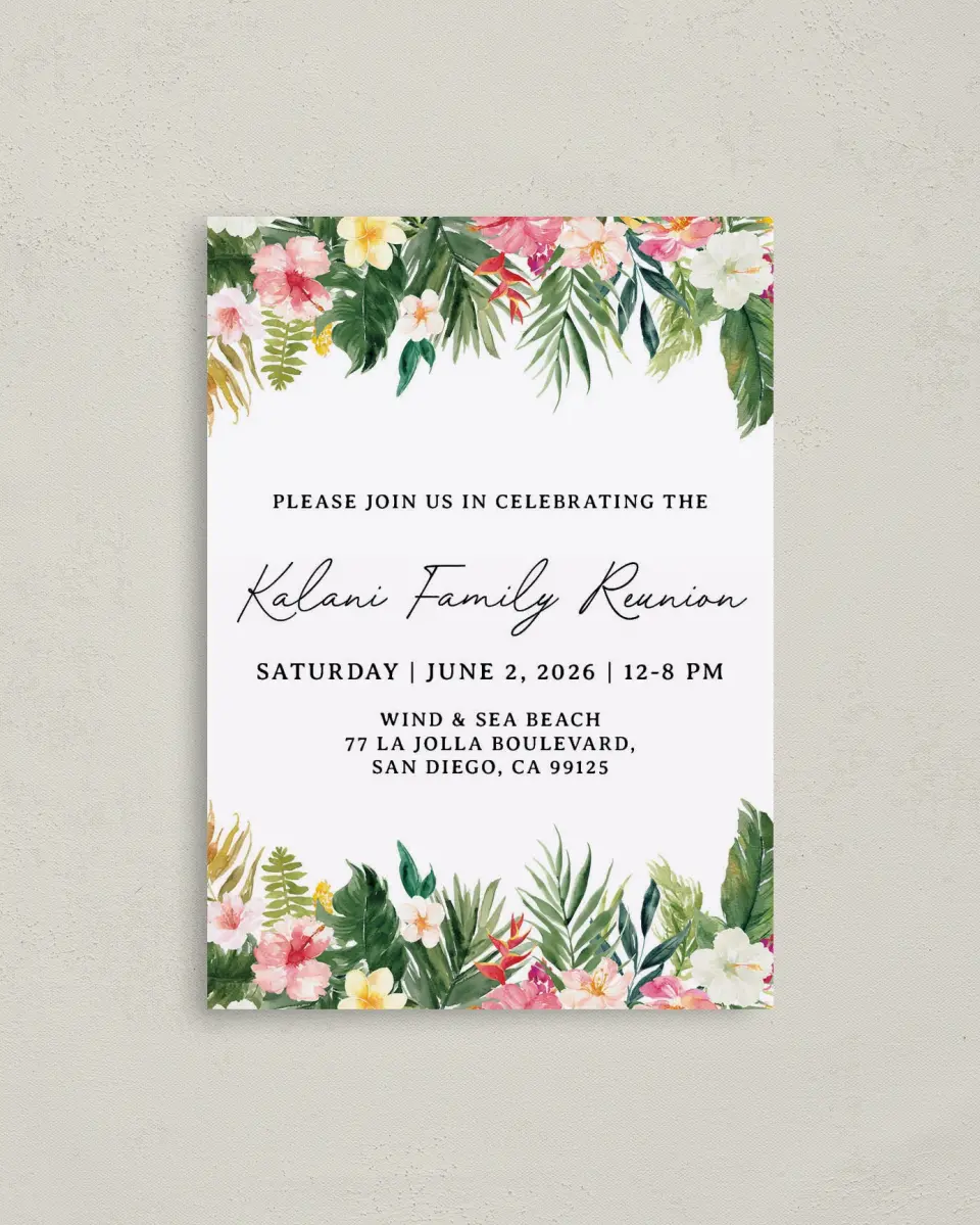 This is a 4" x 5.6" Family Reunion called Hibiscus and Fern printed in full color on Soft Touch Finish paper