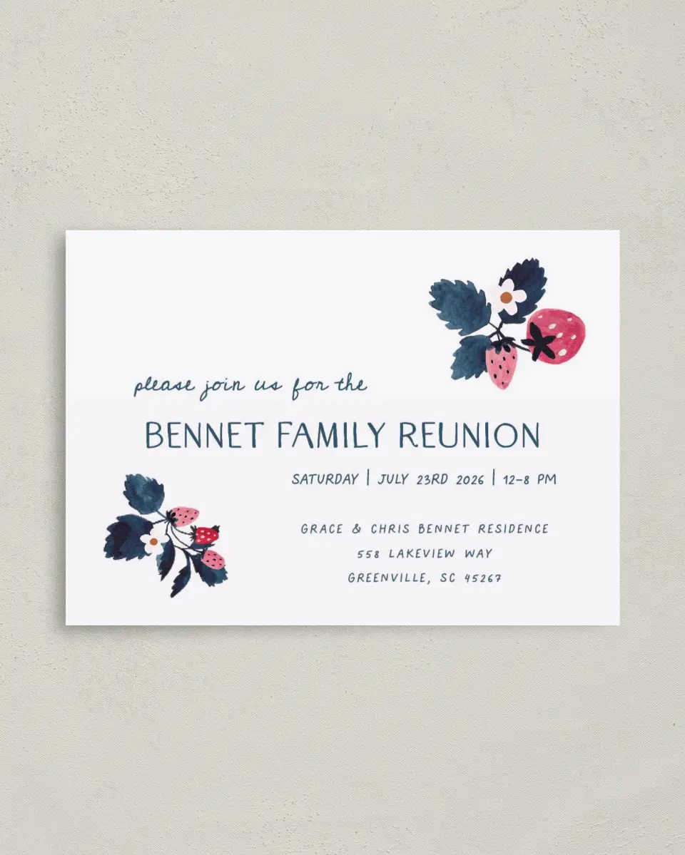 This is a 4" x 5.6" Family Reunion called Summer Berries printed in full color on Soft Touch Finish paper