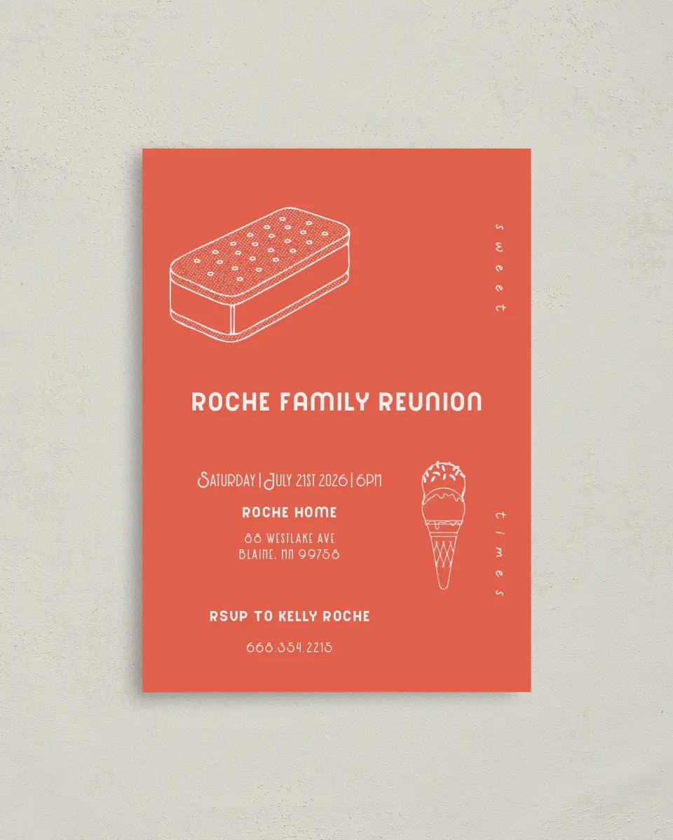 This is a 4" x 5.6" Family Reunion called Sweet Times printed in full color on Soft Touch Finish paper