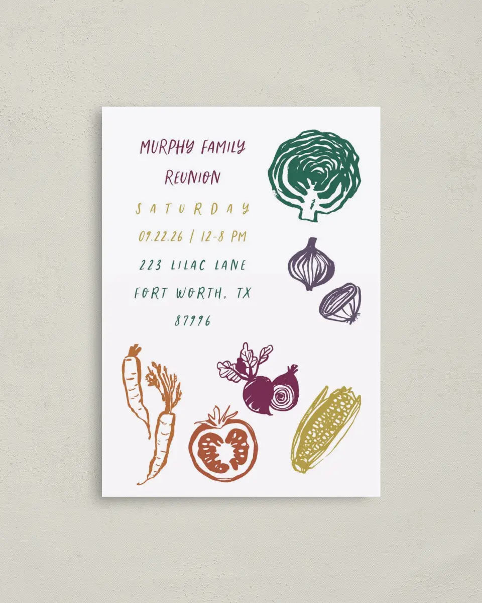 This is a 4" x 5.6" Family Reunion called Backyard Garden printed in full color on Soft Touch Finish paper