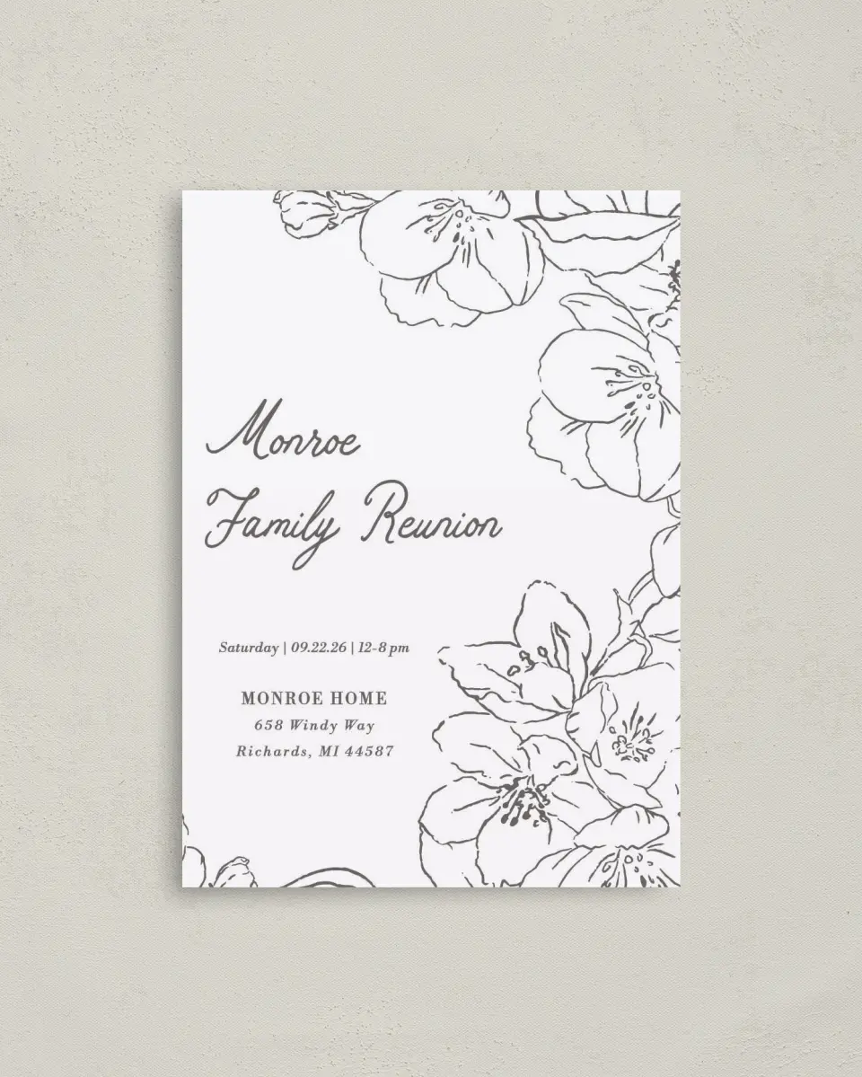 This is a 4" x 5.6" Family Reunion called Familial Florals printed in full color on Soft Touch Finish paper