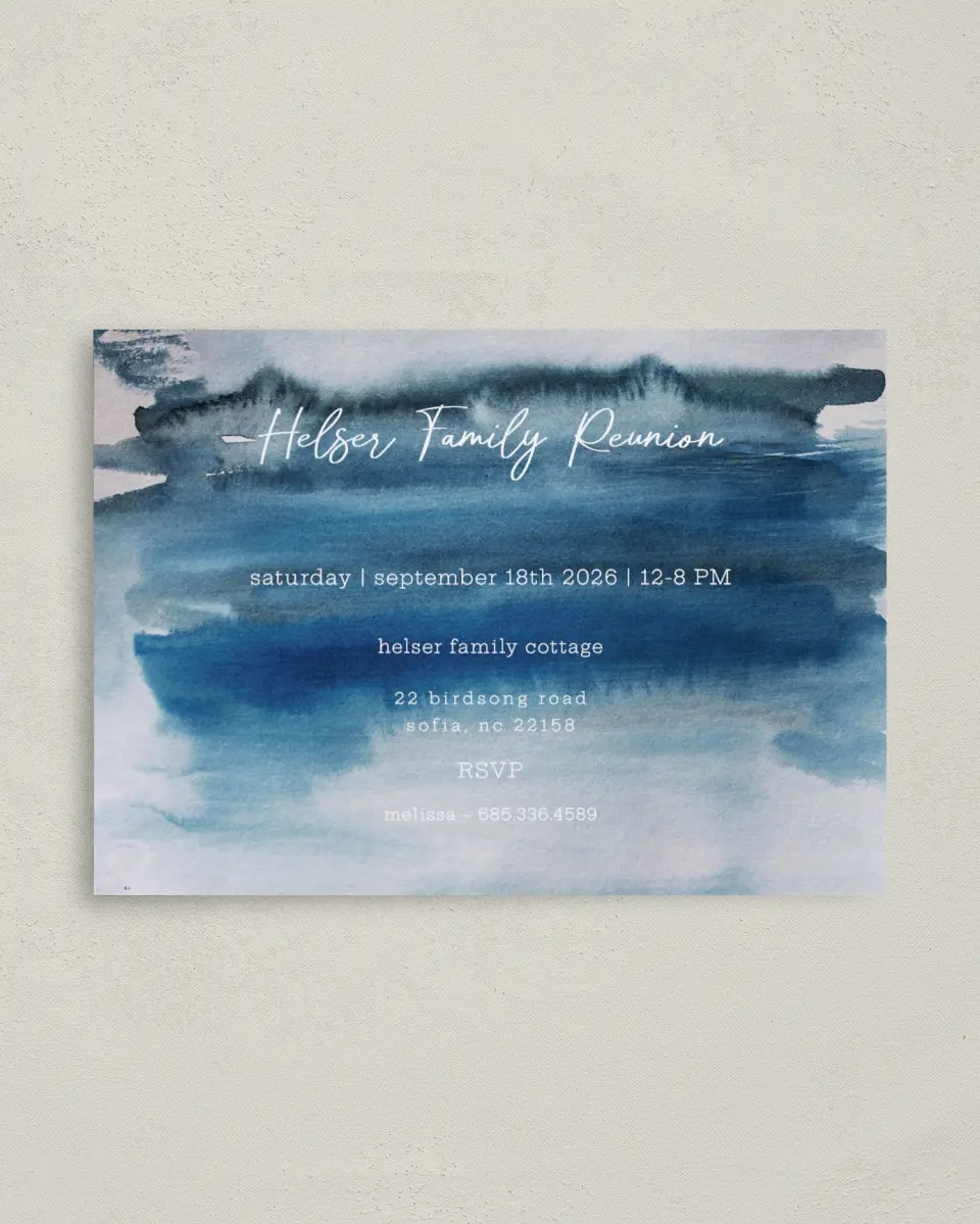 This is a 4" x 5.6" Family Reunion called Blended Blues printed in full color on Soft Touch Finish paper