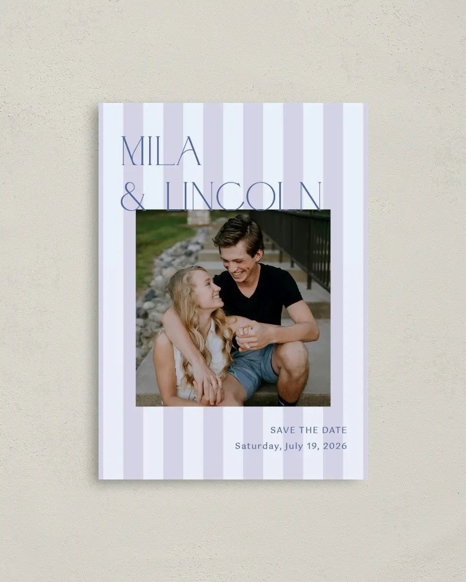 This is a 4" x 5.6" Save the Date Postcard called The Mila printed in full color on Soft Touch Finish paper