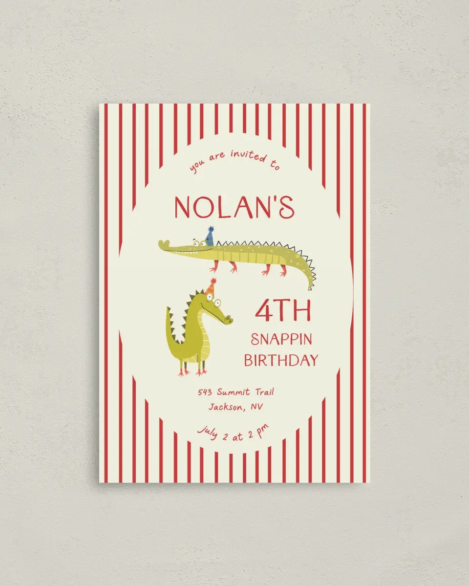 This is a 4" x 5.6" Birthday Party Invitation called Snappin Birthday printed in full color on Soft Touch Finish paper
