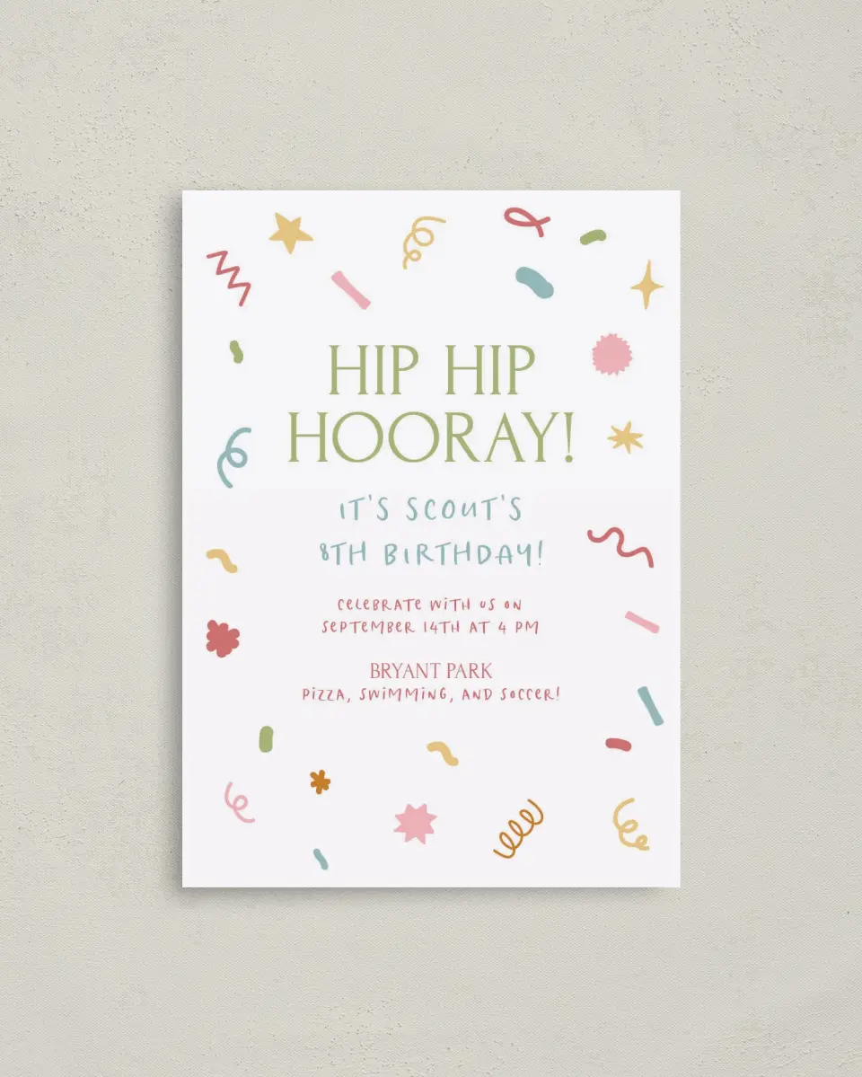 This is a 4" x 5.6" Birthday Party Invitation called Hip Hip Hooray! printed in full color on Soft Touch Finish paper