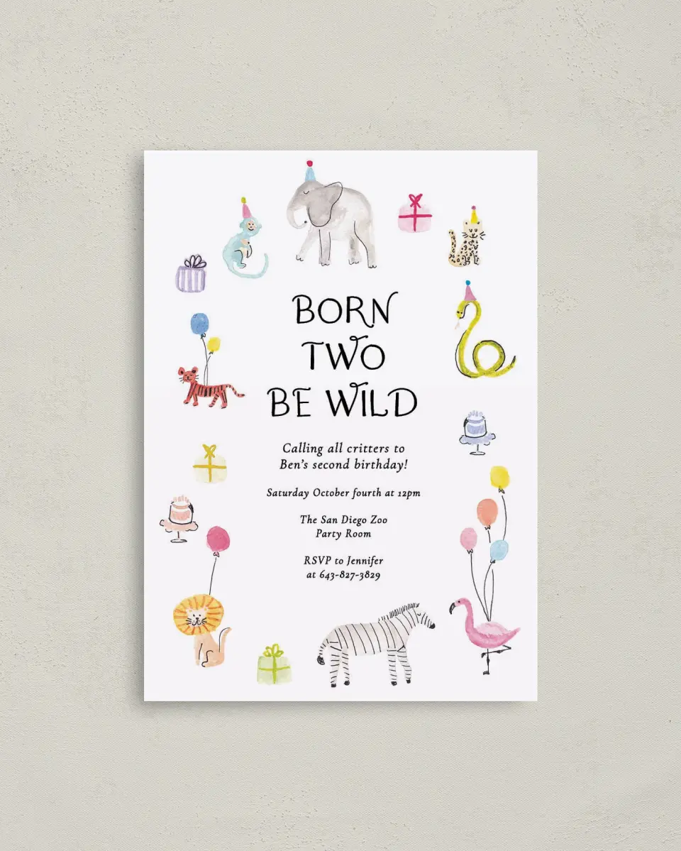 This is a 4" x 5.6" Birthday Party Invitation called Born to be WILD printed in full color on Soft Touch Finish paper