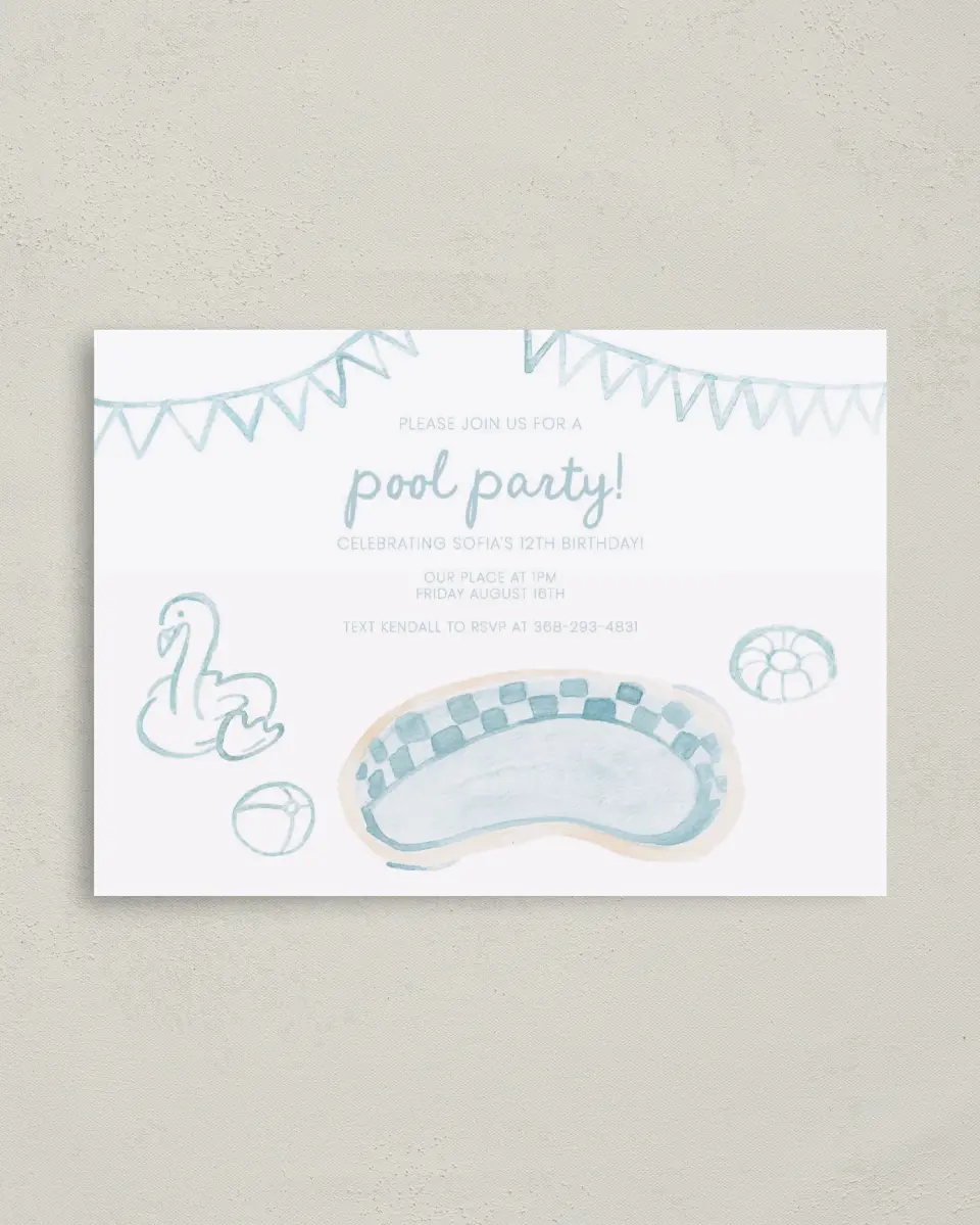 This is a 4" x 5.6" Birthday Party Invitation called Pool Party printed in full color on Soft Touch Finish paper
